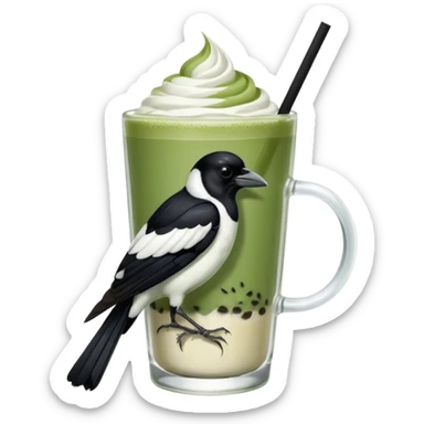  ONE Australien Magpie (just black and white feathers) sitting on an iced matcha latte on the edge of the glass. magpie has green matcha on its beak. matxha latte is in a see through glass and white from the oat milk on the bottom and green without seeds on top… one straw & ice cubes sticker