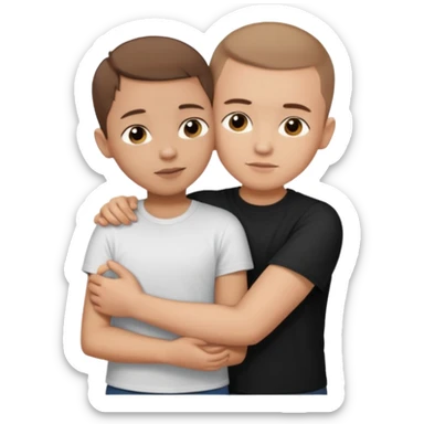 boy in a white t shirt with a brown buzz cut hair hugging a little shorter girl with long straight brown hair in a black shirt  sticker