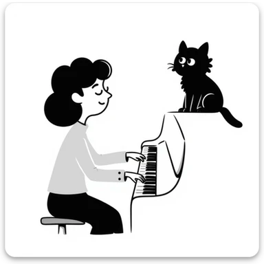 woman playing piano while her cat sits on top of the piano sticker
