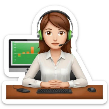 a woman, brown hair, middle european, sitting in the office, wearing a blouse and a headset. she is controling the limits on screen. green = ok, orange = am Limit, rot = überschritten sticker