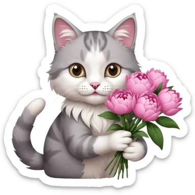 Cute cat Handing pink peonies like reaching a hand and handing them out a bouquet of them not a physical hand the cats hand  make the cat fluffy and grey and white fluffier make the cat wear a pink coquette make her wear a pink coquette make the peonies open and in boquette sticker