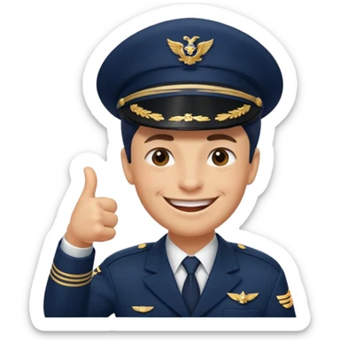 Slack-style emoji of a pilot wearing a slightly tilted navy captain hat, giving a thumbs-up, big cheerful smile, eyes closed or happy squint sticker