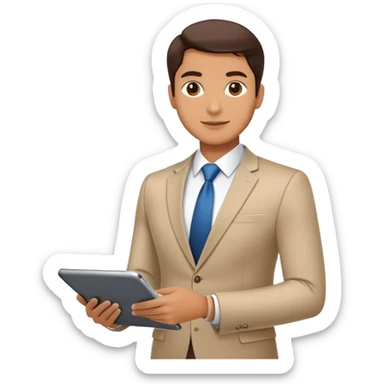 business executive confidently, holding a digital tablet or folder. The character wears smart business attire sticker
