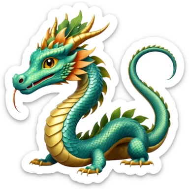  serpent dragon. Slim, serpentine body with smooth scales in soft blues and greens. Fluffy leaf plumes replace the tail fins, and a terracotta crown-like crest adorns its head. Gentle amber eyes. it should be similar to traditional chinese dragons. no legs. snake-like body. sticker