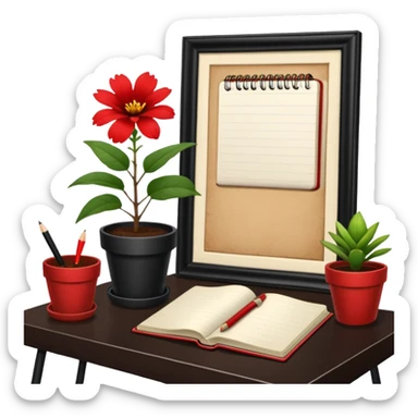 Cartel en español que diga F U E R A    D E    O F I C I N A y detrás un escritorio moderno, con una notebook, una agenda y una planta con una flor sticker