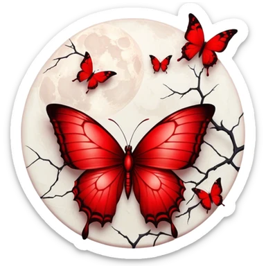  Blood red moon, crimson butterflies with cracked porcelain red wings in gothic style sticker