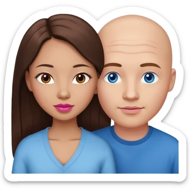 Bald white man blue eyes in love with Filipina woman with long hair dark brown eyes and pink lips sticker