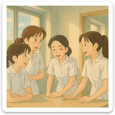 Scène Ghibli de quatre étudiants infirmiers (inspirés des photos), en interaction, portant des tuniques médicales blanches à manches courtes, col en V, poche poitrine à gauche, sans stéthoscopes ni pied de col, avant-bras nus, cheveux longs attachés. Décor intérieur lumineux, ambiance collaborative. sticker