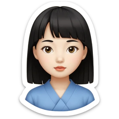 Clean Korean illustration-style emoji portrait of a young Korean woman, front-facing.
Smooth porcelain skin, soft shading, large round eyes, calm neutral expression.
Straight black bangs, black hair tied back, small nose and lips.
Round oval face, soft jawline.

 sticker