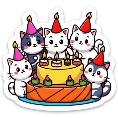 six happy cats wearing colorful party hats celebrating a birthday party around a festive cake made entirely of sushi with candles sticker