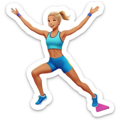 An energetic person performing an aerobics workout in a brightly lit gym, jumping and stretching with enthusiasm. The scene includes vibrant fitness equipment like dumbbells and exercise mats, with a background of cheerful, motivating colors, conveying energy and movement. sticker