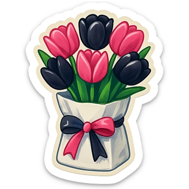 a white paper bag filled with black and pink tulips, tied with a blackpink ribbon, retro stickers style, vibrant, outlined, and fun sticker look sticker