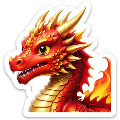 Cinematic Cute Fierce Fire Dragon Portrait Emoji, Head tilted playfully and inquisitively, showcasing a robust, flame-embellished form with intricately detailed scales in vibrant reds and glistening golds, accented by flickering ember highlights and a warm, inviting glow; rendered with lifelike detail and radiant natural light, high shine, spirited yet endearing, styled with a touch of blazing whimsy, soft glowing outline, capturing the essence of a mischievous yet charming inferno that seems ready to dance with playful fire! sticker