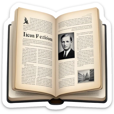 Icon for Non-Fiction & Narrative Reading: an open book with historical facts and narrative text on the pages, featuring black-and-white photos, news clippings, and an open folder with top-secret documents. Transparent background. sticker