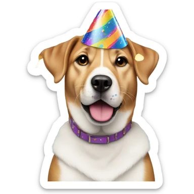 Cute dog wearing a birthday hat surrounded by confetti sticker