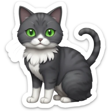 full body view of beautiful female solid dark grey cat with green eyes, white toes/paws and white patch on her chest sticker