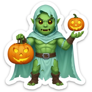 male orc warrior ghost emoji, green skin, wearing torn white ghost sheet costume, holding glowing jack-o'-lantern, faint blue aura, friendly but spooky expression, Halloween fantasy theme, Apple emoji style, clean white background, square sticker