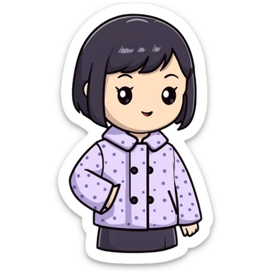 girl with black bob-cut hair, dotted coat, Chinese appearance sticker