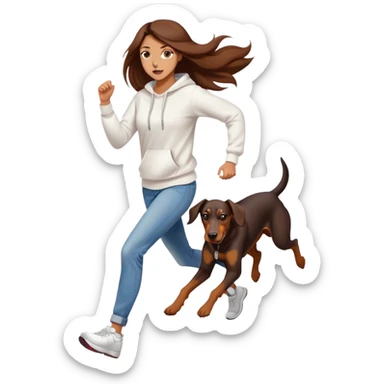 A beautiful girl with long hair wearing a white sweatshirt and jeans is running with a Doberman sticker