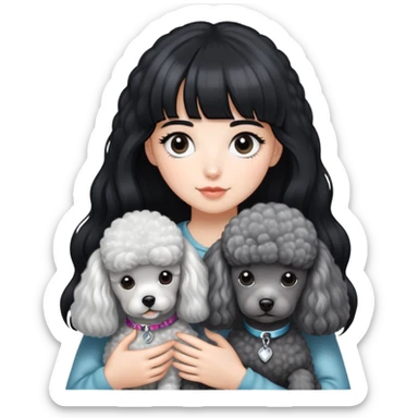 A girl with long black hair and airy bangs, fair skin, holding a silver-gray poodle with white fur on its chest. The poodle has a round head with its ears hidden within its fur. sticker