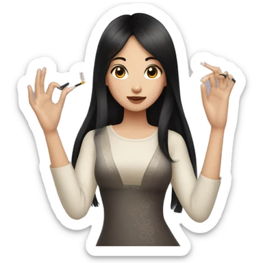 Asian girl with long black hair and side swept bangs doing her long nails sticker