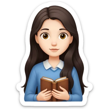 girl with fair skin and long dark hair holding a  book sticker