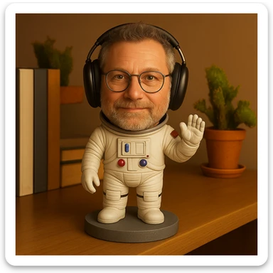 Make the bobblehead astronaut resemble the person in the uploaded photo, including glasses and headphones, in the same bobblehead style. sticker