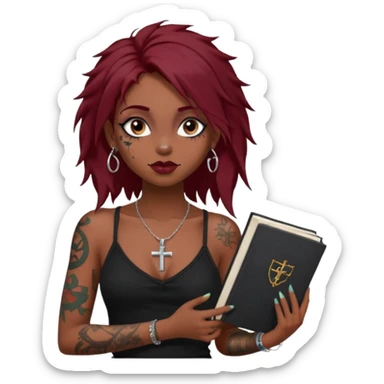generate an ios genmoji of a dusky girl with long dark red messy hair with eyeliner on her eyes. septum piercing, wearing a cami black top, has tattoos, on shoulders. ear piercings. wearing a cross silver necklace. carrying a lot of sketchbooks


no tattoos on face sticker