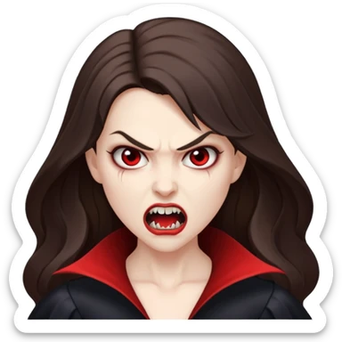 vampire woman, pale skin, brunette, long hair, angry face, fangs out sticker