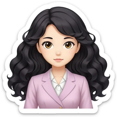 Confident kawaii anime businesswoman with beautiful black wavy hair wearing a soft feminine pastel dress, future boss lady sticker