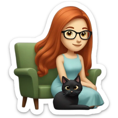woman with long straight red hair and black-rimmed glasses, in a dress, sitting in an armchair, with a black cat on her lap sticker