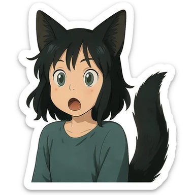 a surprised girl with huge green eyes, black fox ears, and a tail, dark hair sticker