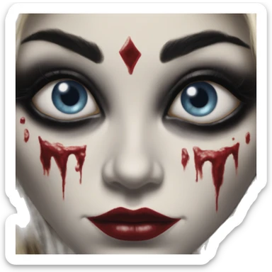Lordi in Harley Quinn style, oil paint, mysterious eyes, intricate lips, masterpiece portrait, odd perspective, beautiful, desirable, logical sticker