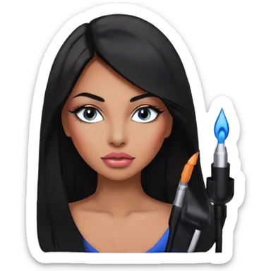 Glamours, tanned, very beautiful girl, with big pump peach-beige-rose lips, eyeliner, long long lashes, black straight smooth silky long hair, straight parting hair, blue-grey eyes in black sticker