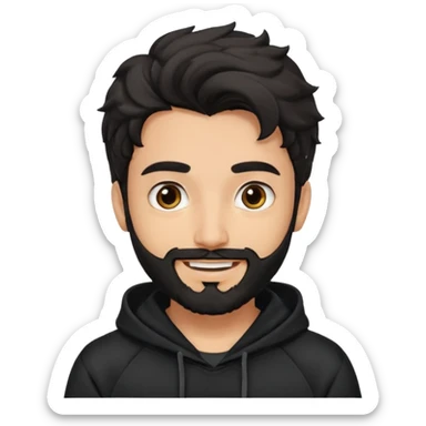 young fair skin pakistani guy smiling with black beard, wavy hair pushed back and brown eyes and thick eyebrows wearing black hoodie sticker