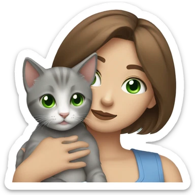 blue eyes grey kitten hugging brown short hair green eyes woman sticker