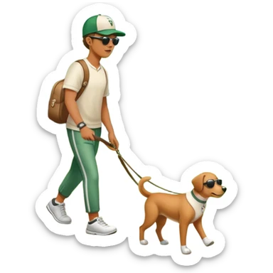 a dog on a leash with a person in a green park setting sticker