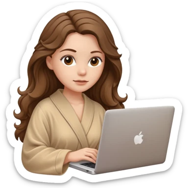make a picture in ios 18 style of a white girl with brown long wavy hair wearing beige robe and working on a laptop sticker