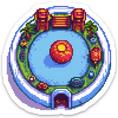 China Town planet with circular border, pixel art, vibrant colors sticker