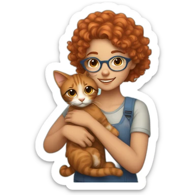 a pretty girl with curly copper hair and blue glasses hugging a cat sticker