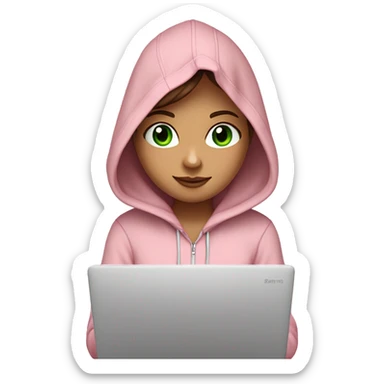 a girl with brown long hair, fair skin, green eyes, is working relaxed at a modern laptop in a monochrome pale pink zip hoodie with a hood and a pink monochrome T-shirt sticker