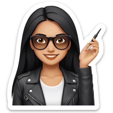 beautiful fit woman, with long straight black hair, with make up, black eye liner, smile mooth close, mexican, brown skin, wearing white tee, wearing leather black jacket, solar black wayfarer on the tip of the nose sticker