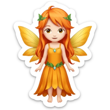 fairy with long orange hair, yellow wings, red dress, happy, chibi full body sticker