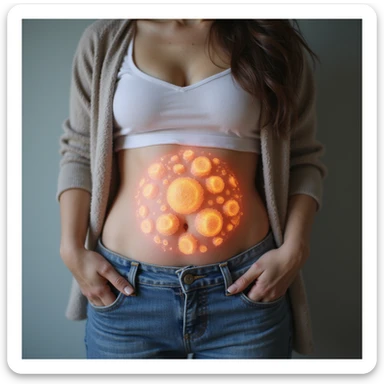 woman with PCOS in casual clothing with artistic transparency of healthy oocytes overlapping her abdomen, bright and reassuring colors, realistic photography sticker
