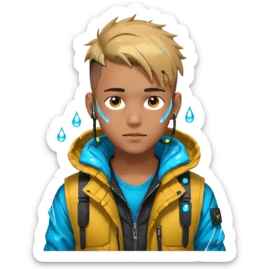 Cyberpunk street young adult, male, messy undercut, puffer vest over hoodie, glowing earpiece, light stubble, brown eyes, neon reflections, raindrops, dark background. sticker
