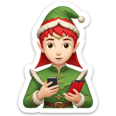 elf with russia custome dress and smartphone, red sticker