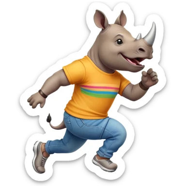 friendly anthropomorphised rhino in jeans and colourful t-shirt, wearing dark sunglasses, jogging upright, jumping with excitement, dynamic pose sticker