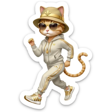 female cat with strong Run DMC hip-hop vibes, bold tracksuit, Adidas sneakers, gold chains, fedora hat, dark sunglasses, jogging upright sticker