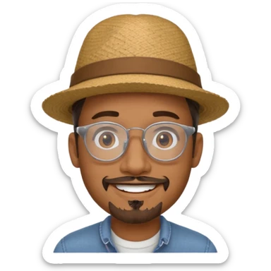 Brown man smiling no teeth showing with hat, clear glasses and goatee sticker