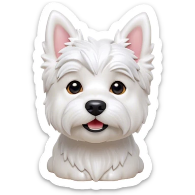 Cinematic Cute West Highland White Terrier Portrait Emoji, Head tilted playfully and inquisitively, featuring a fluffy, immaculate white coat with perky ears, round, sparkling dark eyes filled with curiosity, Simplified yet irresistibly adorable features, highly detailed, glowing with a warm, friendly glow, high shine, affectionate and lively, stylized with a touch of whimsy, bright and endearing, soft glowing outline, capturing the essence of a mischievous yet loving pup, so playful it feels like it could bound out of the screen and into your arms! sticker
